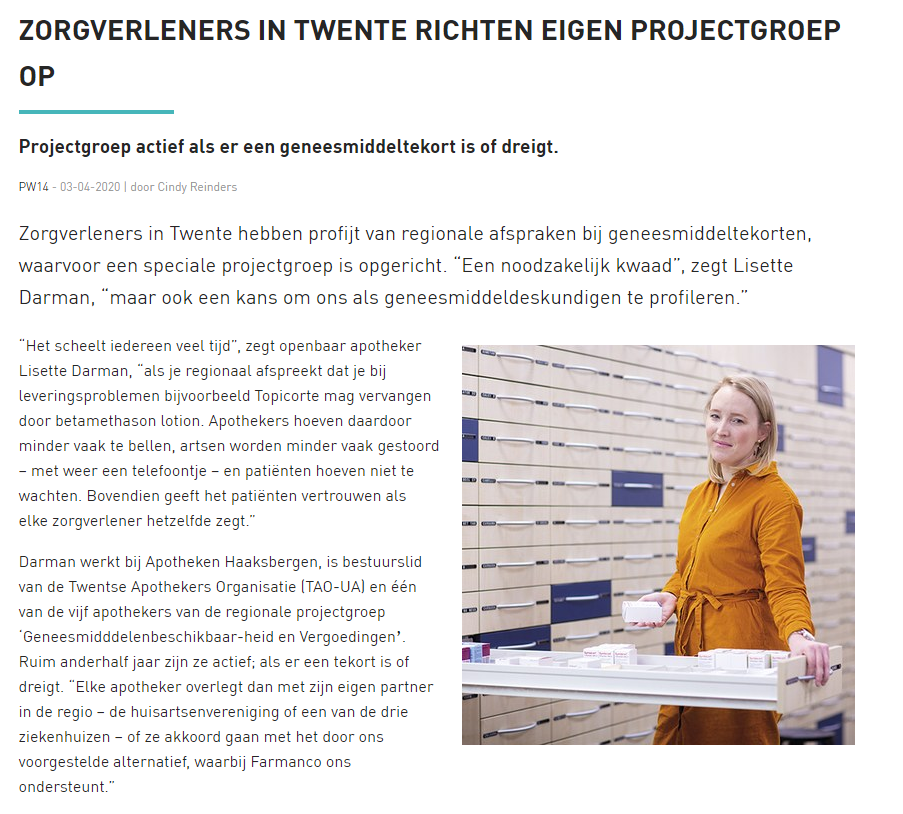 Projectgroep Geneesmiddelenbeschikbaarheid en vergoedingen in het PW!