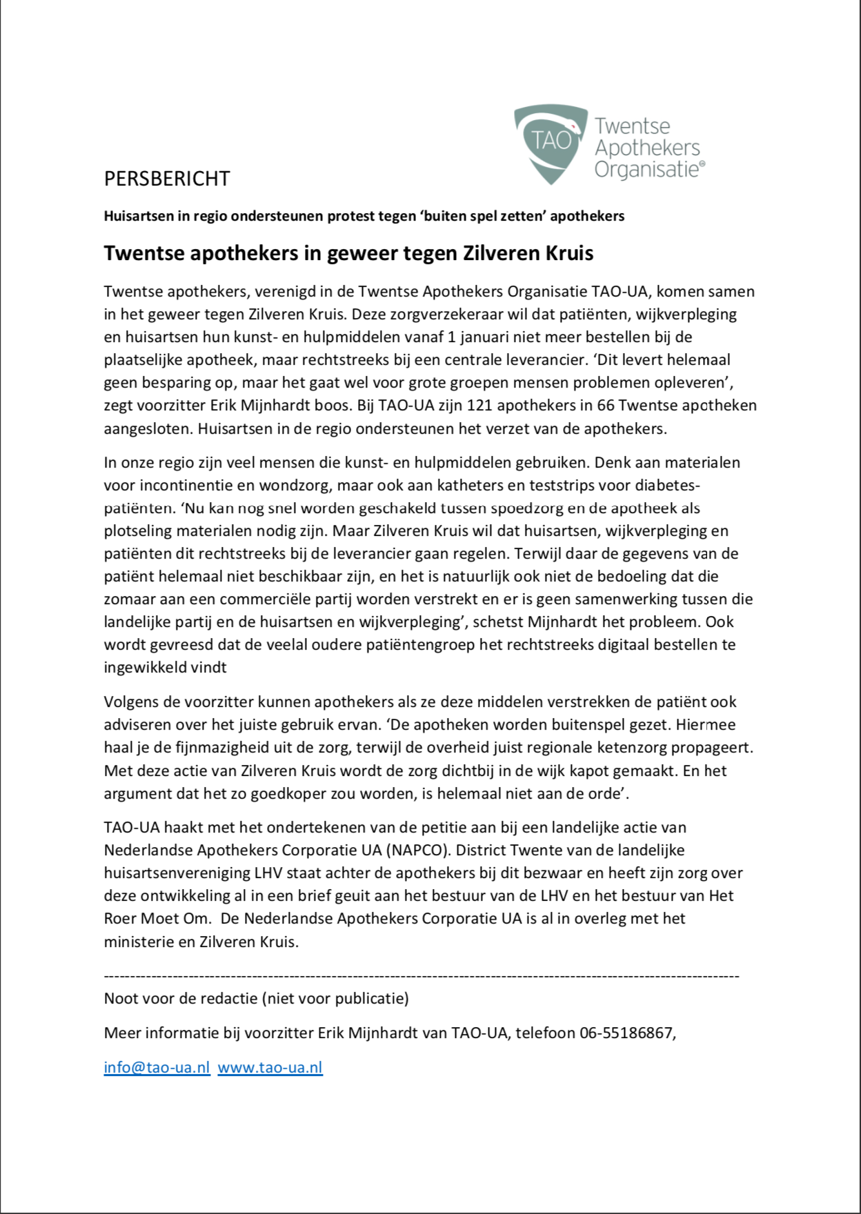 Persbericht TAO-UA Zilveren Kruis